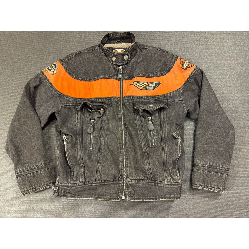 Vintage‎ Harley Davidson Mens Large Biker Denim Jean Jacket Black Orange